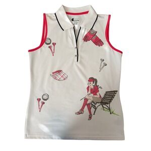 IZOD Womens Sleeveless Golf Polo Shirt White Novelty Print Cool FX Small